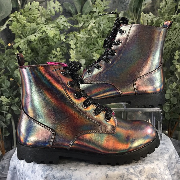 Brash Jet Fashion Lug Boots Iridescent Bronze Zip & Laces Combo Girls 4 NWT&NIB - Picture 3 of 9
